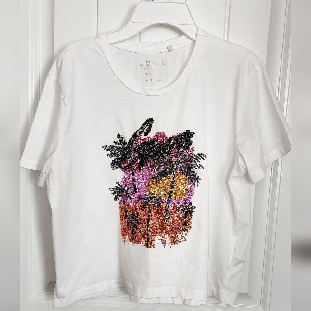 Guess White Tee with Sequin Palm Design